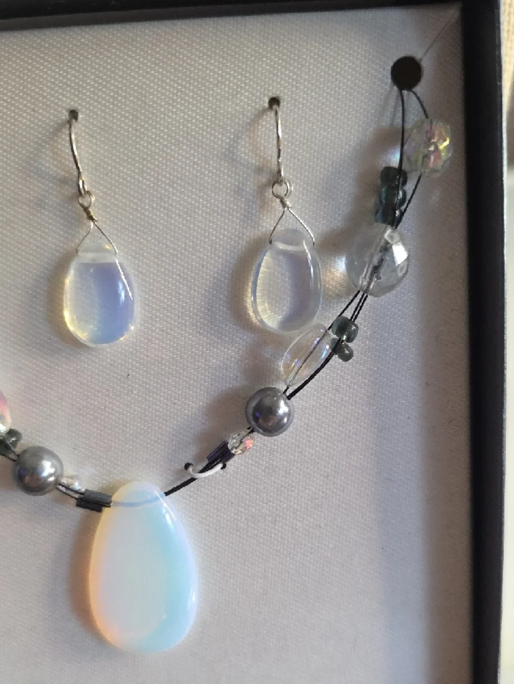 Opalite Teardrop Necklace and Earring Set - White Opalescent - Picture 5 of 6